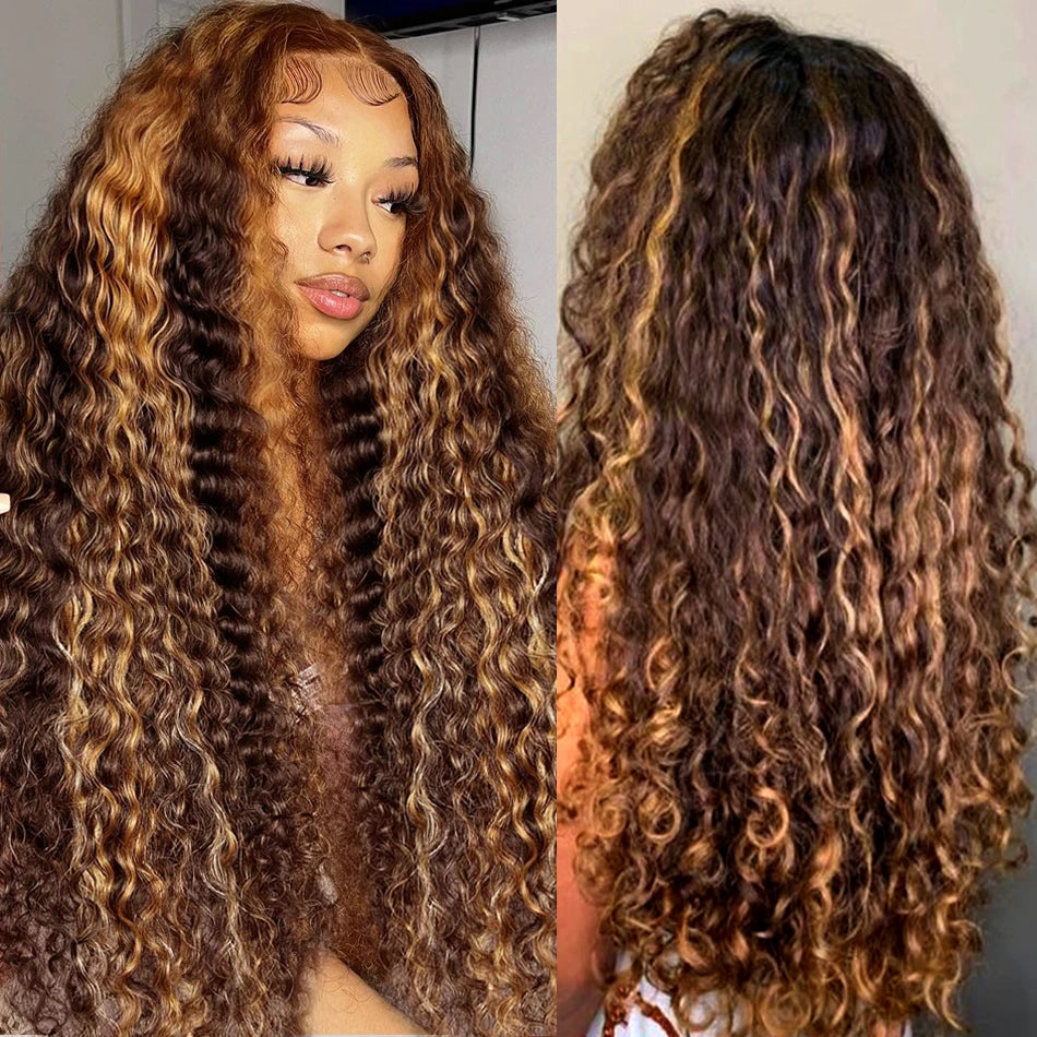Honey Brown Hightlight Deep Wave Lace Wig
