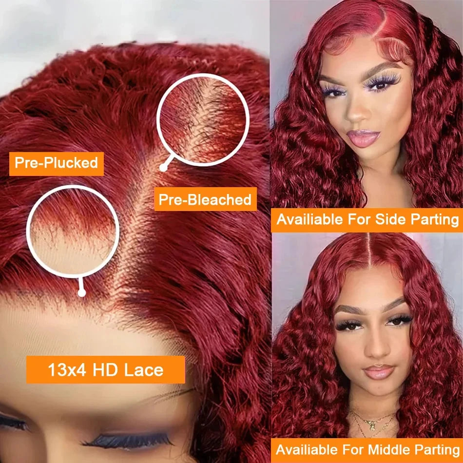 Deep Wave Burgundy HD Lace Front Wigs