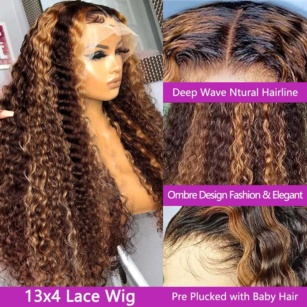 Honey Brown Hightlight Deep Wave Lace Wig