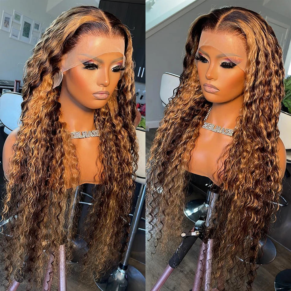 Honey Brown Hightlight Deep Wave Lace Wig