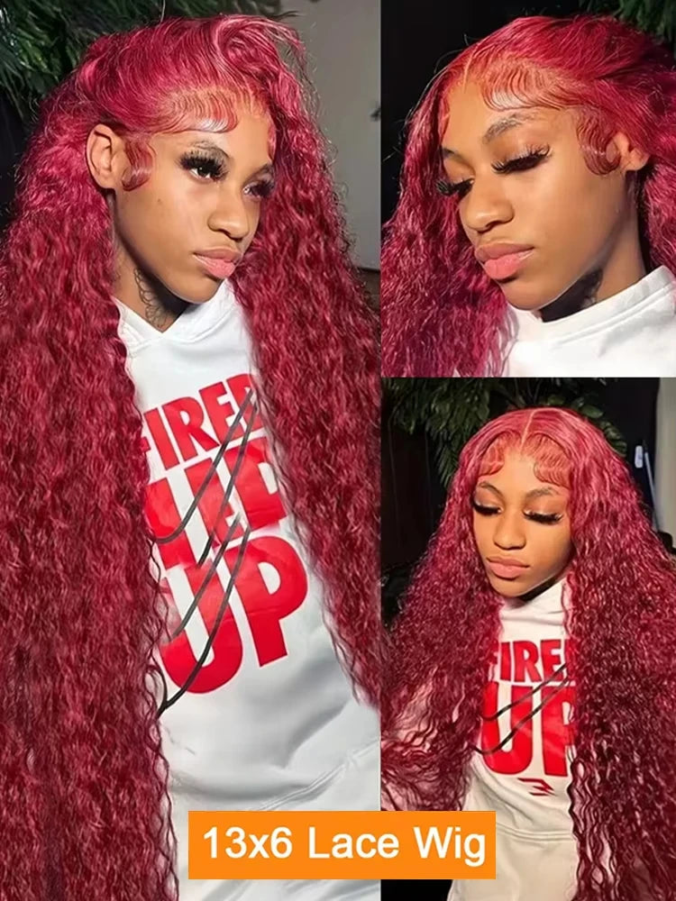 Deep Wave Burgundy HD Lace Front Wigs
